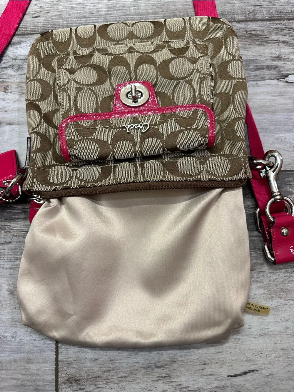 Coach Brown Signature Crossbody with Pink Trim and Strap